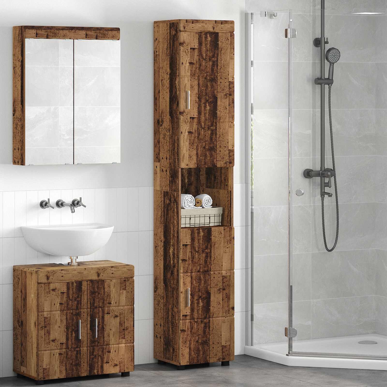 vidaXL Комплект шкафове за баня TULUM Старо дърво 37 x 315 x 203 см