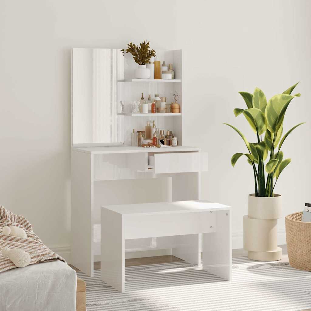 vidaXL Комплект тоалетка бял гланц 745x40x141 см