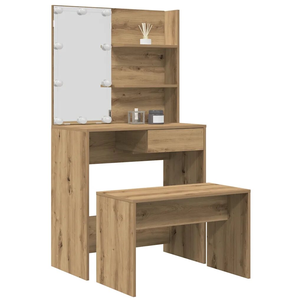 vidaXL Комплект тоалетка с LED Artisan Oak Engineered Wood
