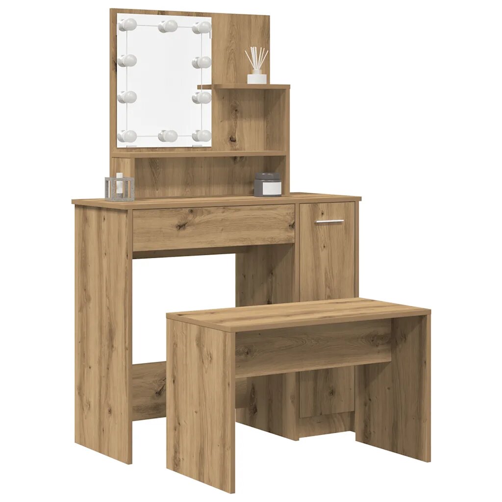 vidaXL Комплект тоалетка с LED Artisan Oak Engineered Wood