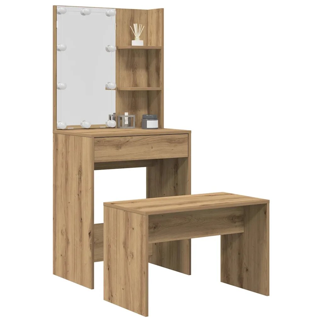 vidaXL Комплект тоалетка с LED Artisan Oak Engineered Wood