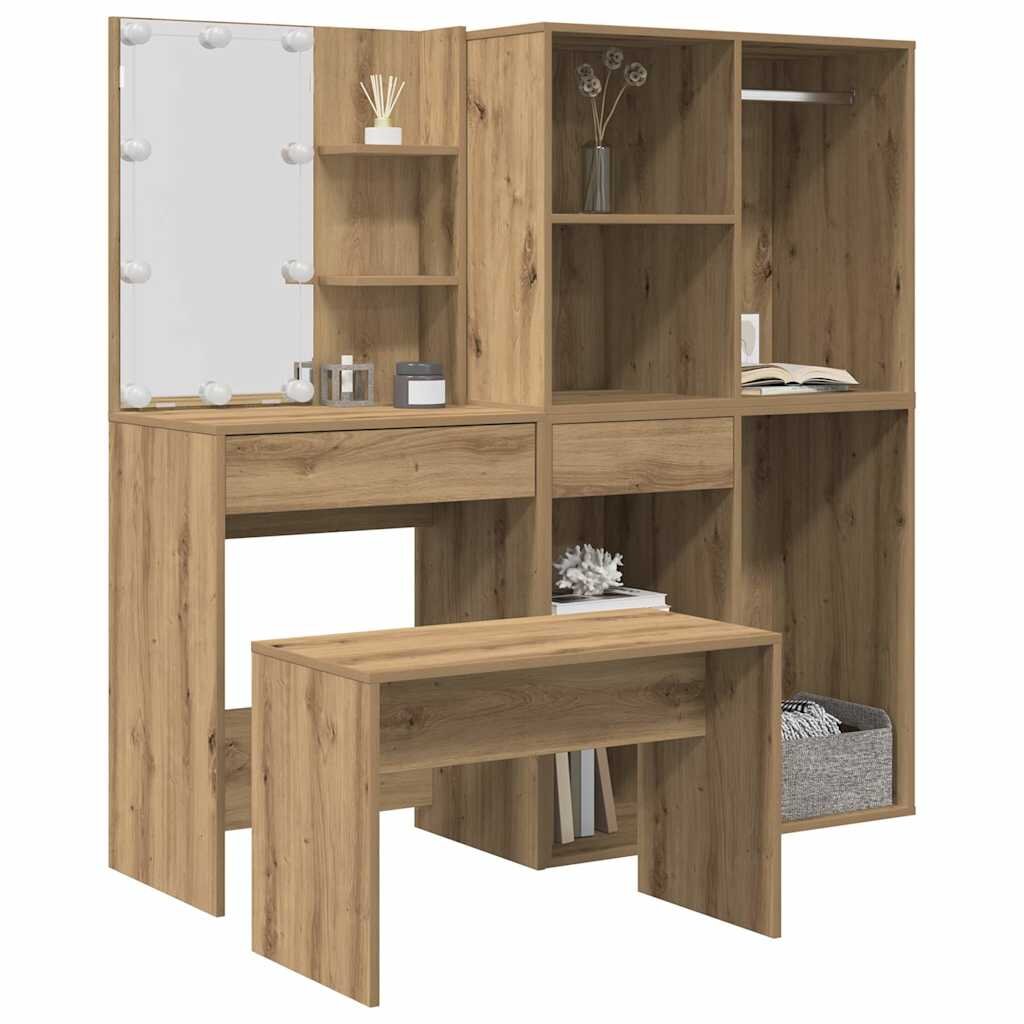 vidaXL Комплект тоалетка с LED Artisan Oak Engineered Wood