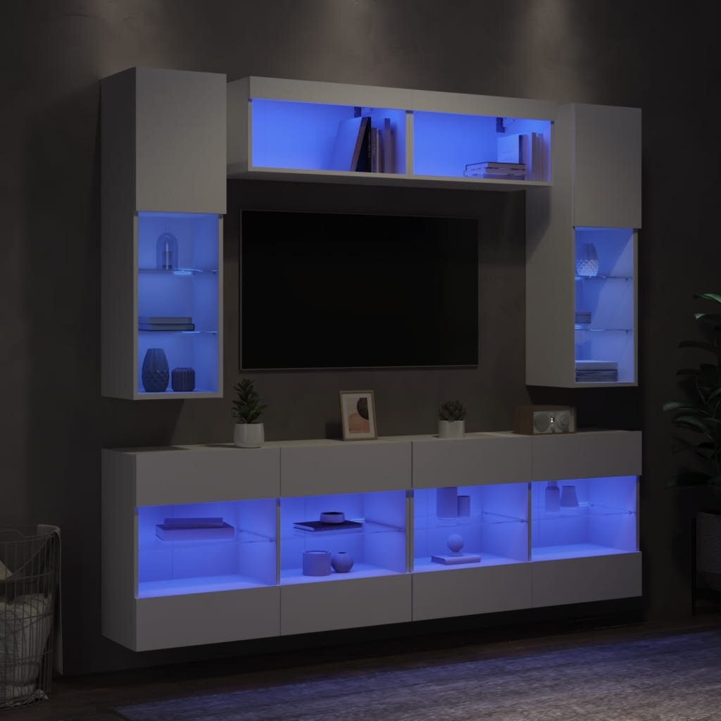vidaXL Комплект ТВ стенни шкафове 6 части с LED светлини бели