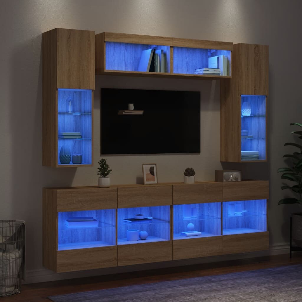 vidaXL Комплект ТВ стенни шкафове 6 части с LED светлини сонома дъб