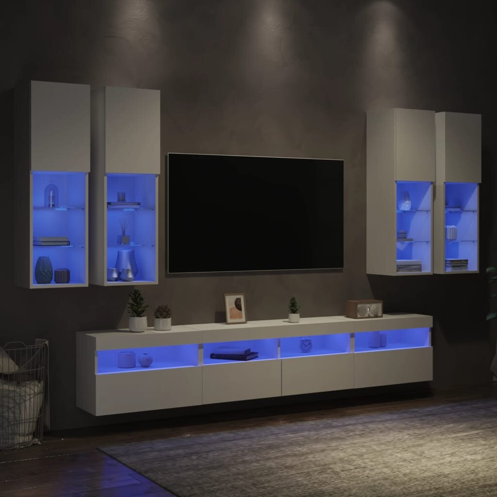 vidaXL Комплект ТВ стенни шкафове 7 части с LED светлини бели