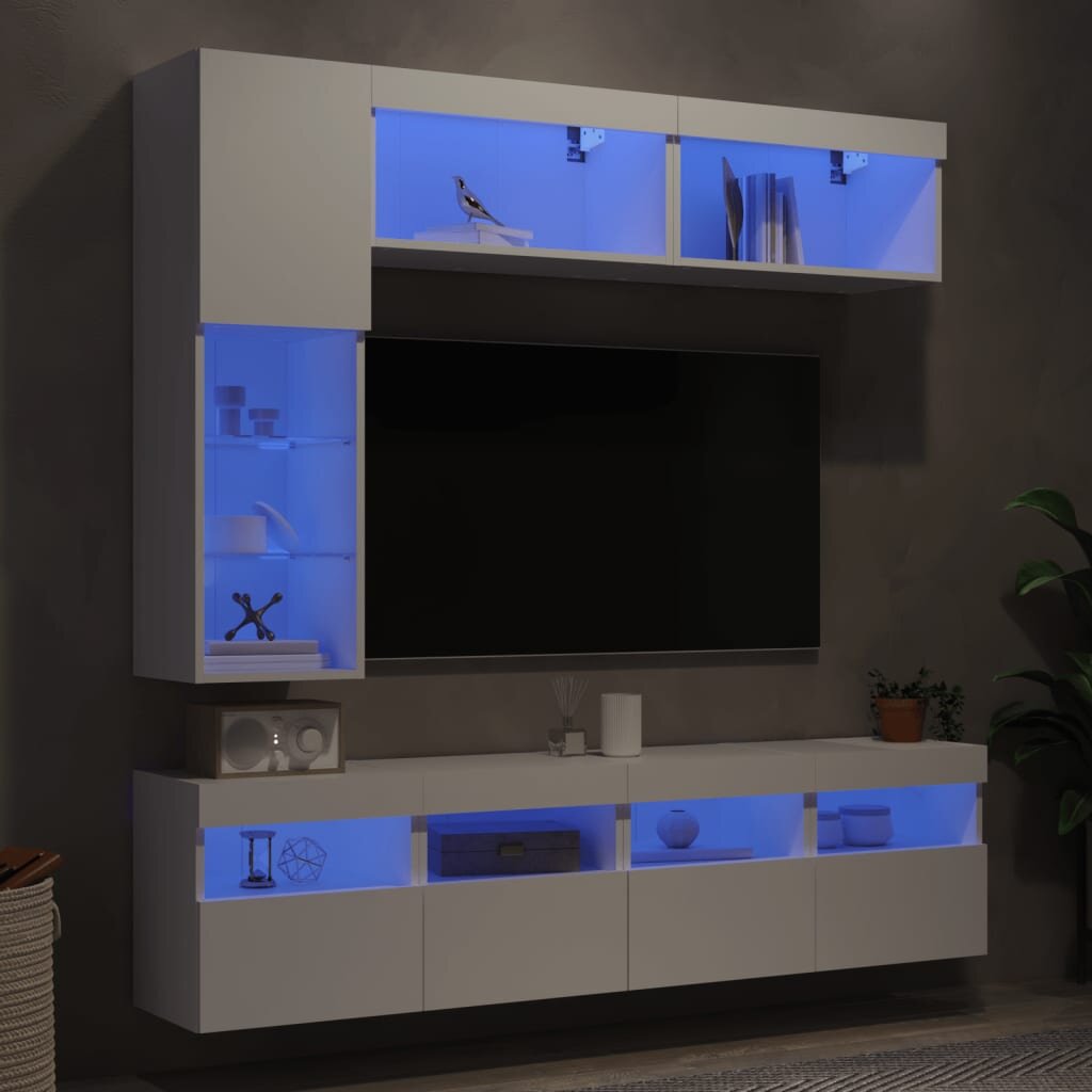 vidaXL Комплект ТВ стенни шкафове 7 части с LED светлини бели