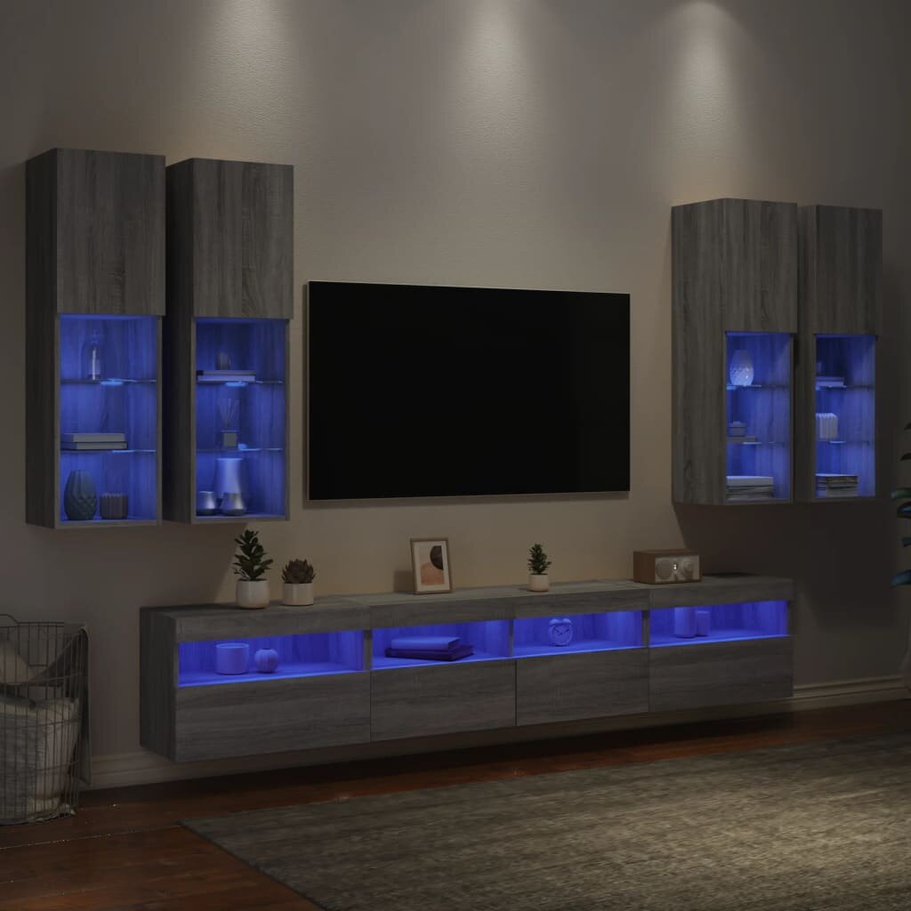 vidaXL Комплект ТВ стенни шкафове 7 части с LED светлини сив сонома