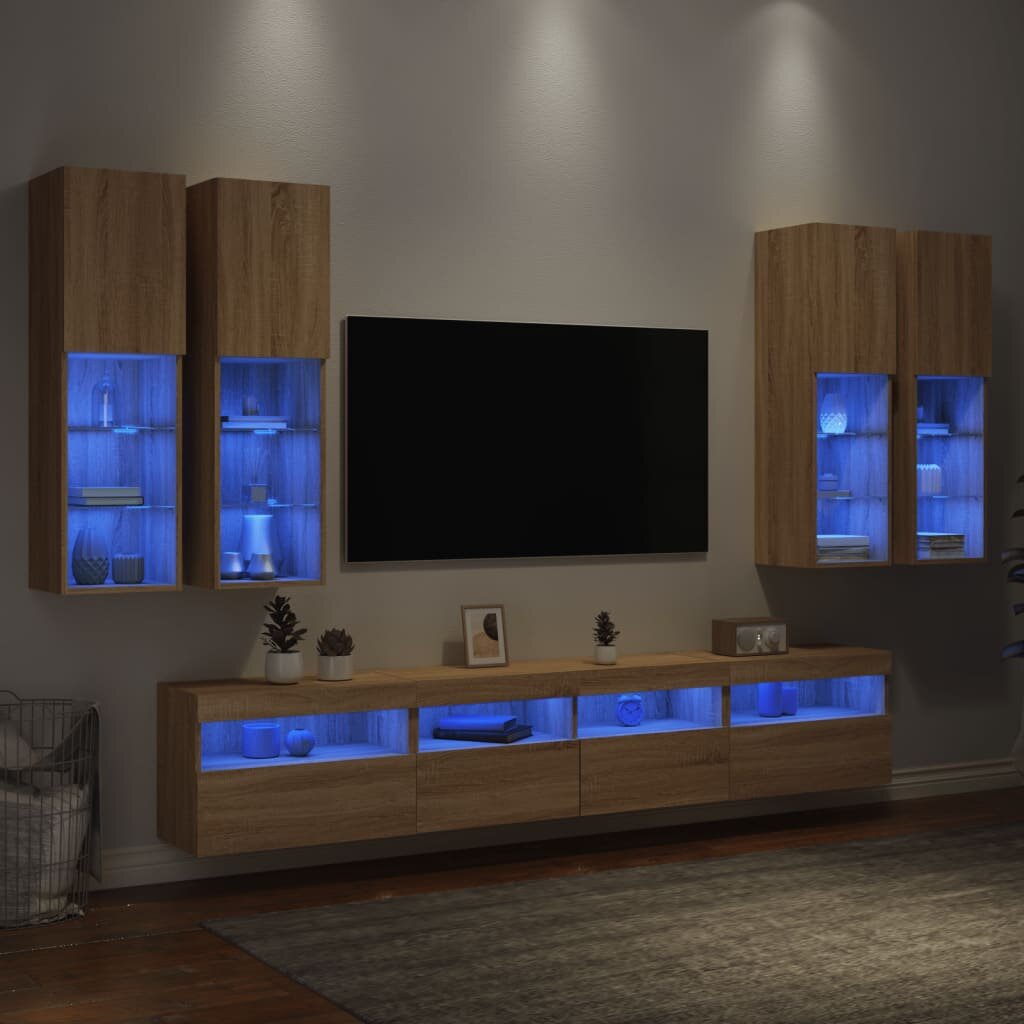 vidaXL Комплект ТВ стенни шкафове 7 части с LED светлини сонома дъб