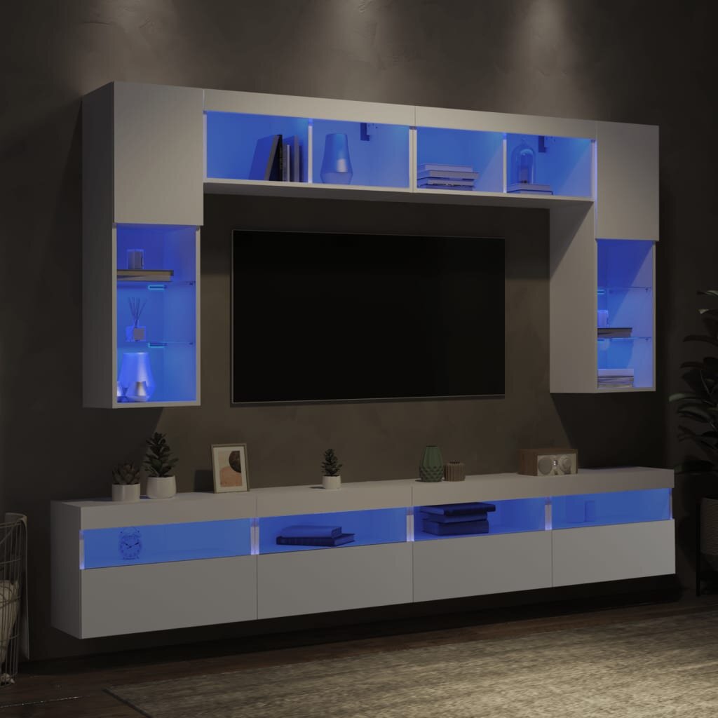 vidaXL Комплект ТВ стенни шкафове 8 части с LED светлини бели