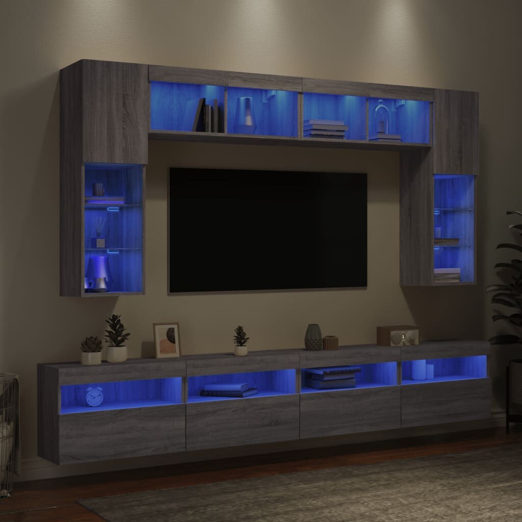 vidaXL Комплект ТВ стенни шкафове 8 части с LED светлини сив сонома