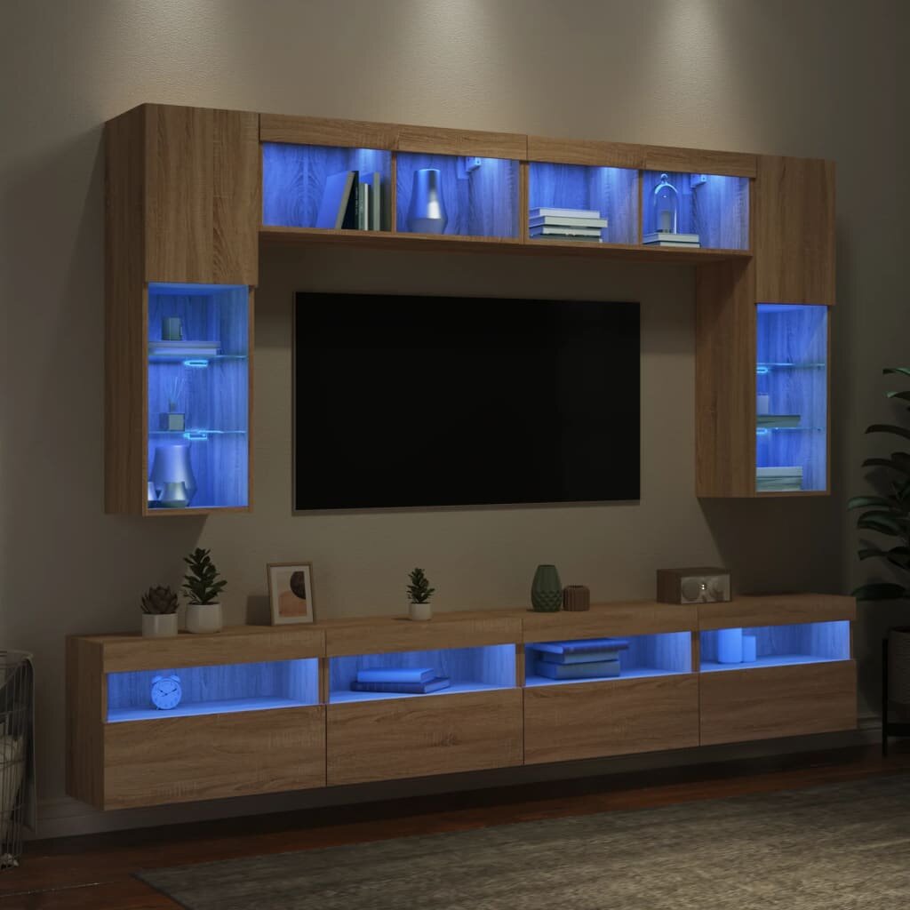 vidaXL Комплект ТВ стенни шкафове 8 части с LED светлини сонома дъб