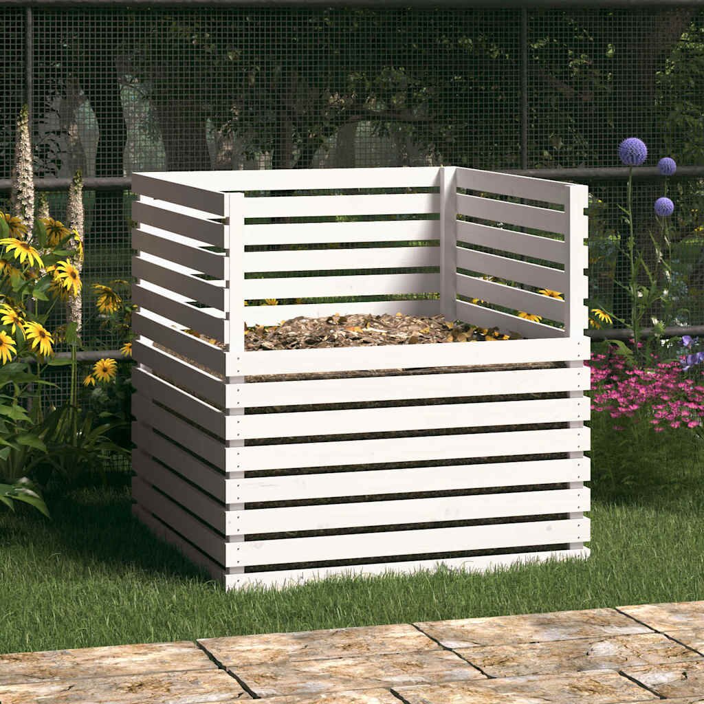vidaXL Компостер бял 100x100x102 см борово дърво масив