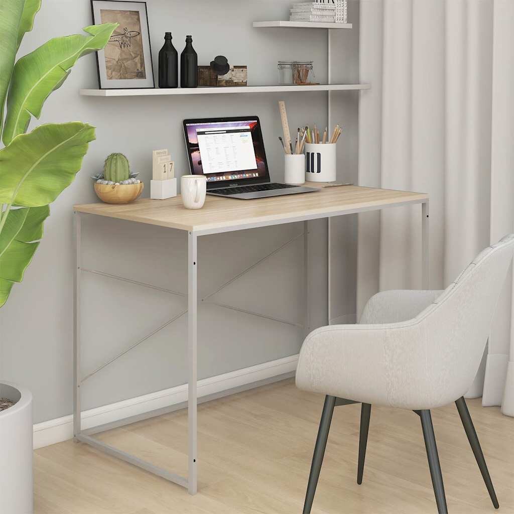 vidaXL Компютърно бюро бяло и дъб 110x60x70 см инженерно дърво