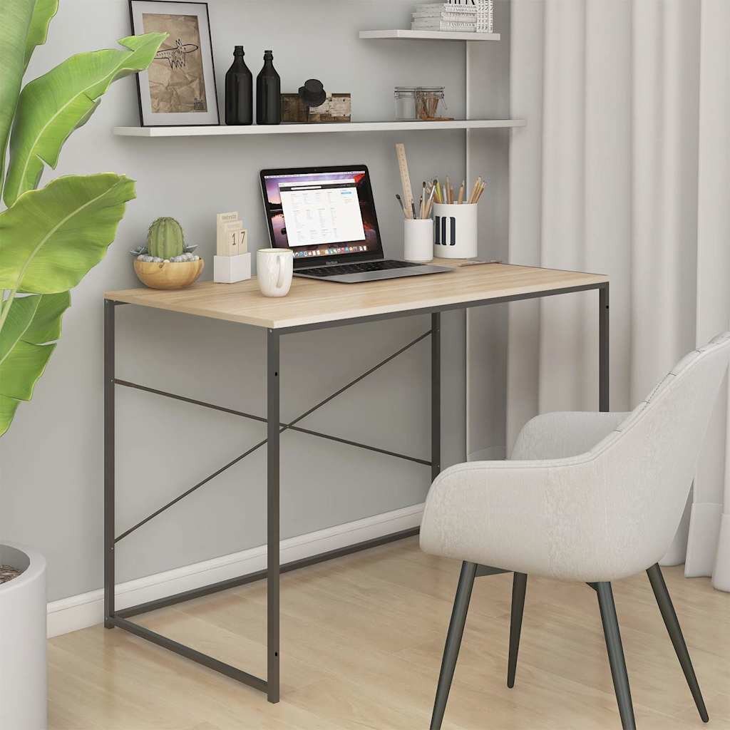 vidaXL Компютърно бюро черно и дъб 110x60x70 см инженерно дърво