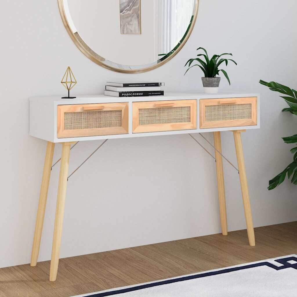 vidaXL Конзолна маса бяла 105x30x75 см бор масив и естествен ратан
