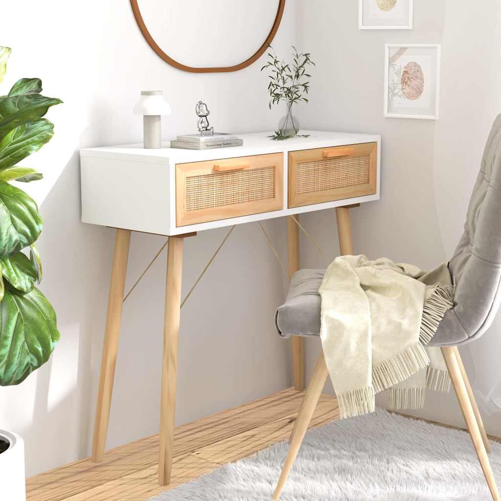 vidaXL Конзолна маса бяла 80x30x75 см бор масив и естествен ратан