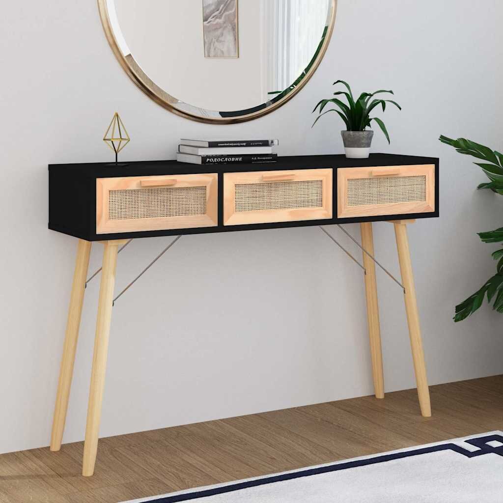 vidaXL Конзолна маса черна 105x30x75 см бор масив и естествен ратан