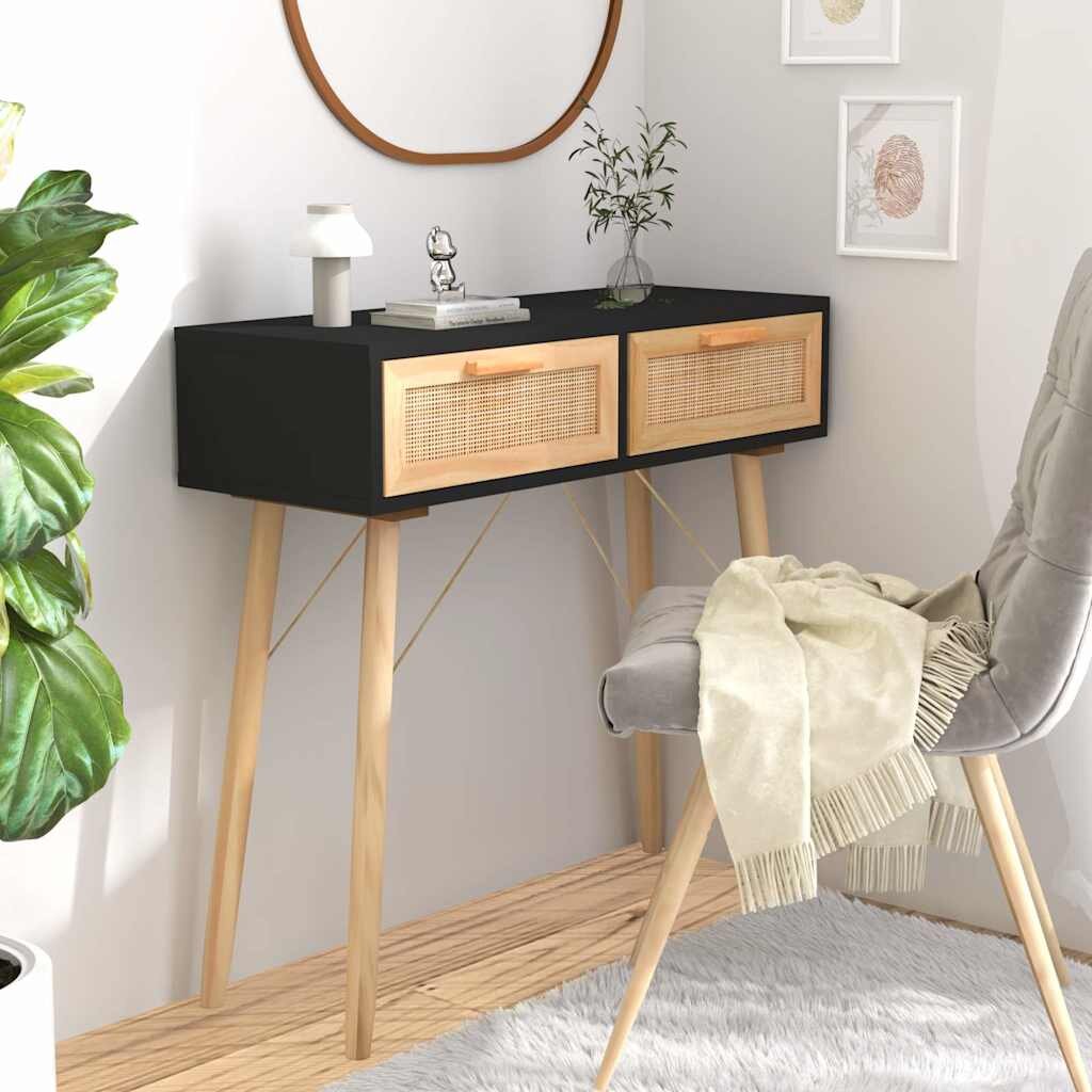 vidaXL Конзолна маса черна 80x30x75 см бор масив и естествен ратан