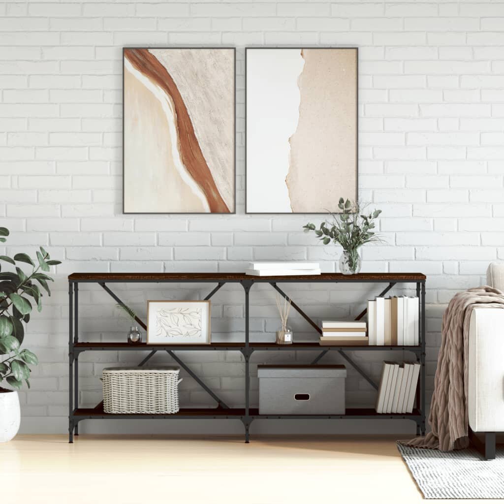 vidaXL Конзолна маса кафяв дъб 160x30x75 см инженерно дърво и желязо