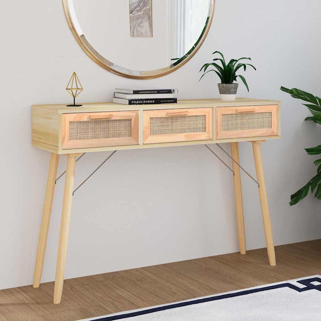 vidaXL Конзолна маса кафява 105x30x75 см бор масив и естествен ратан