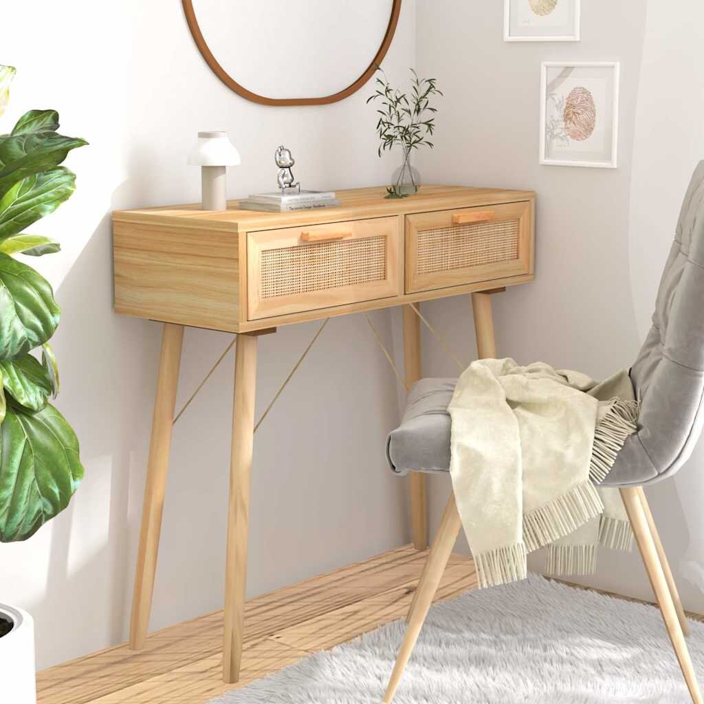 vidaXL Конзолна маса кафява 80x30x75 см бор масив и естествен ратан