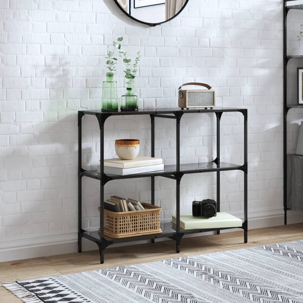 vidaXL Конзолна маса с черен стъклен плот 98x30x81 см стомана