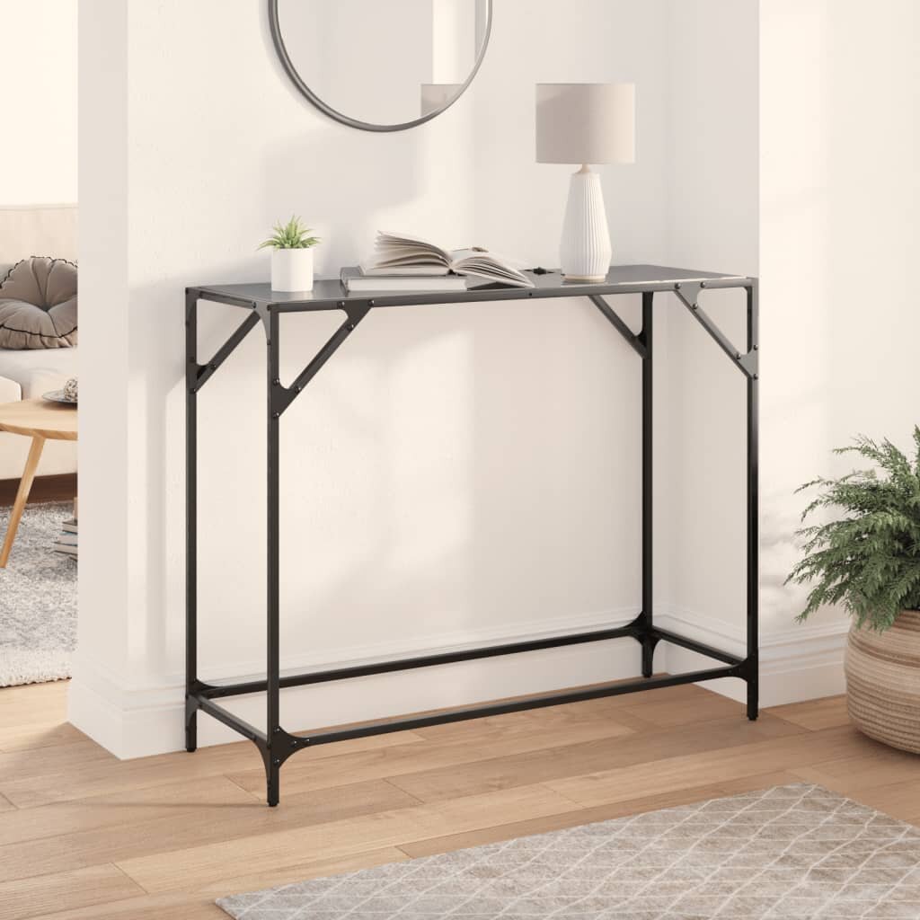 vidaXL Конзолна маса с черен стъклен плот 98x35x81 см стомана