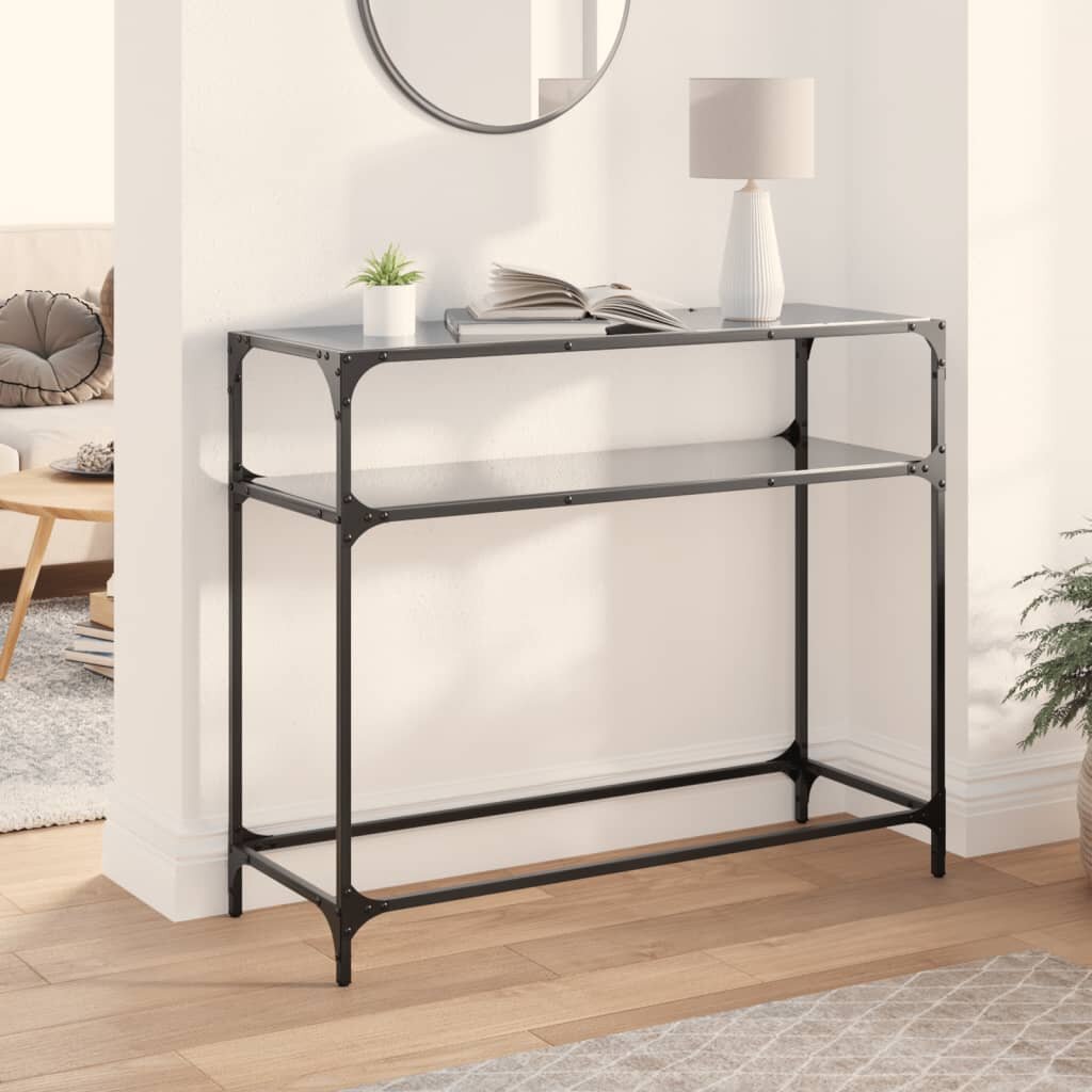vidaXL Конзолна маса с черен стъклен плот 98x35x81 см стомана
