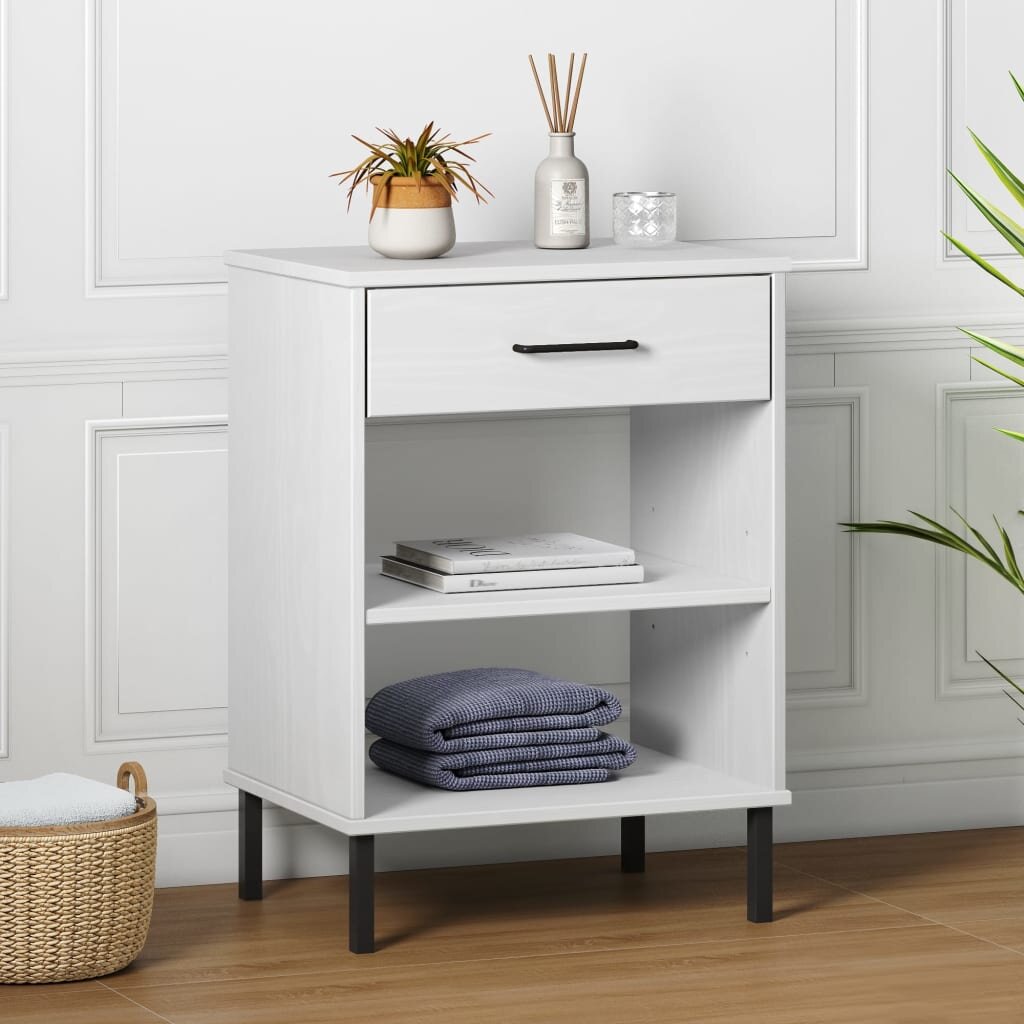vidaXL Конзолно шкафче с метални крака бяло бор масив OSLO