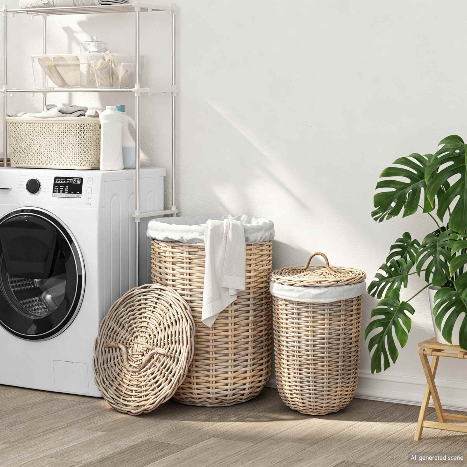 vidaXL Кош за пране с капак GENDT 2 бр. Естествено сиво Кубу Ратан