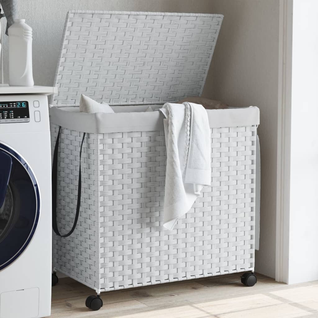 vidaXL Кош за пране с колела бял 60x35x605 см ратан