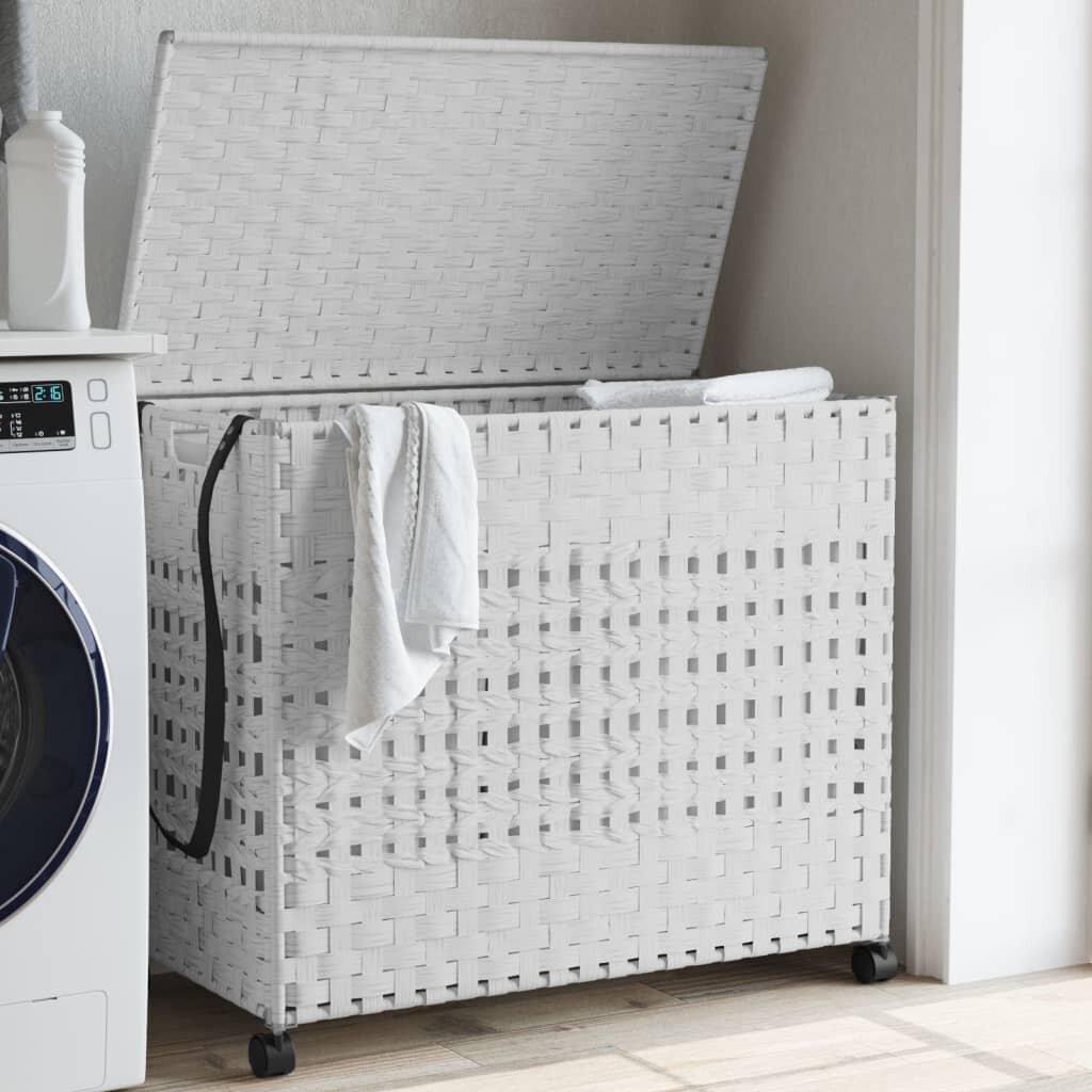 vidaXL Кош за пране с колела бял 66x35x60 см ратан