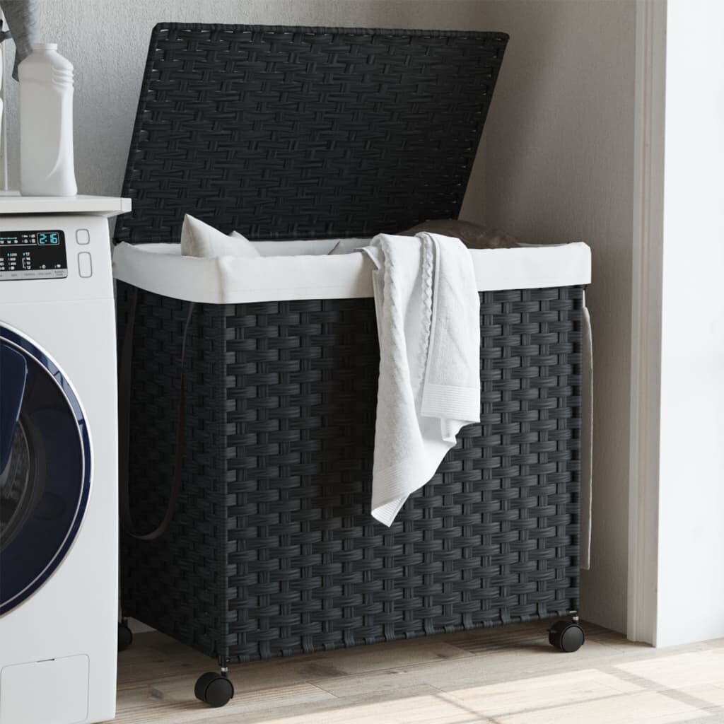 vidaXL Кош за пране с колела черен 60x35x605 см ратан