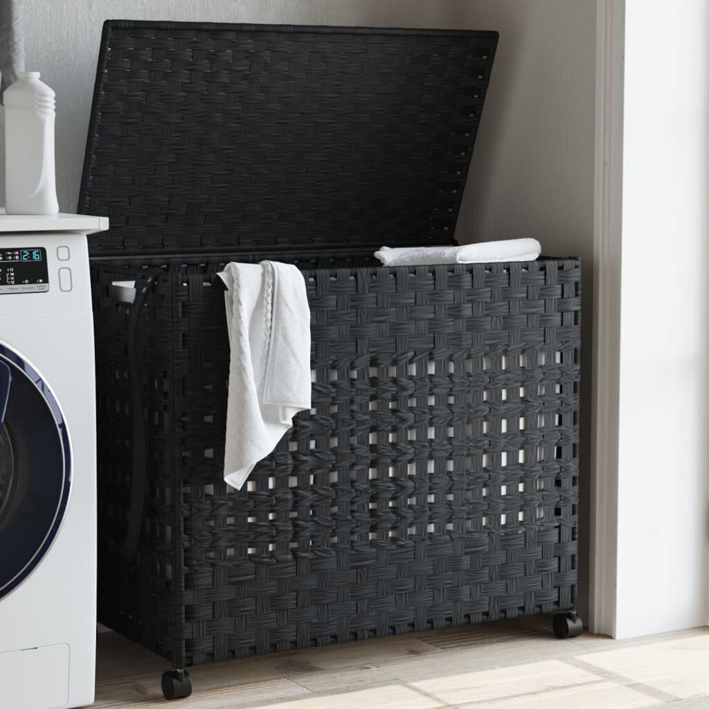 vidaXL Кош за пране с колела черен 66x35x60 см ратан