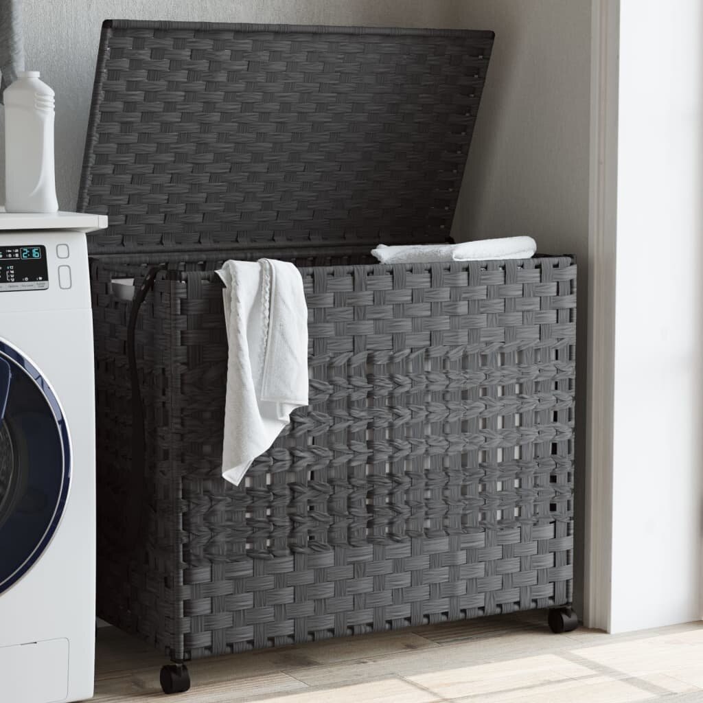 vidaXL Кош за пране с колела сив 66x35x60 см ратан