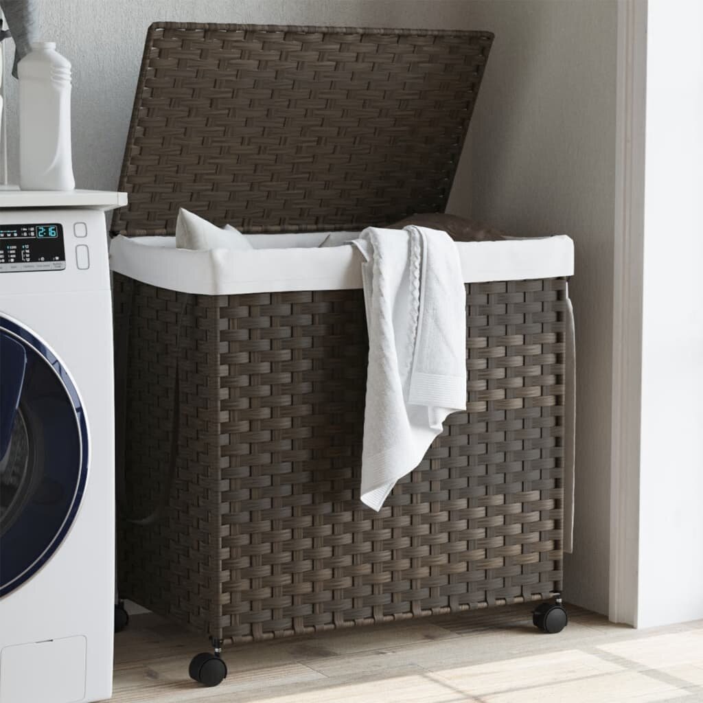 vidaXL Кош за пране с колела тъмнокафяв 60x35x605 см ратан