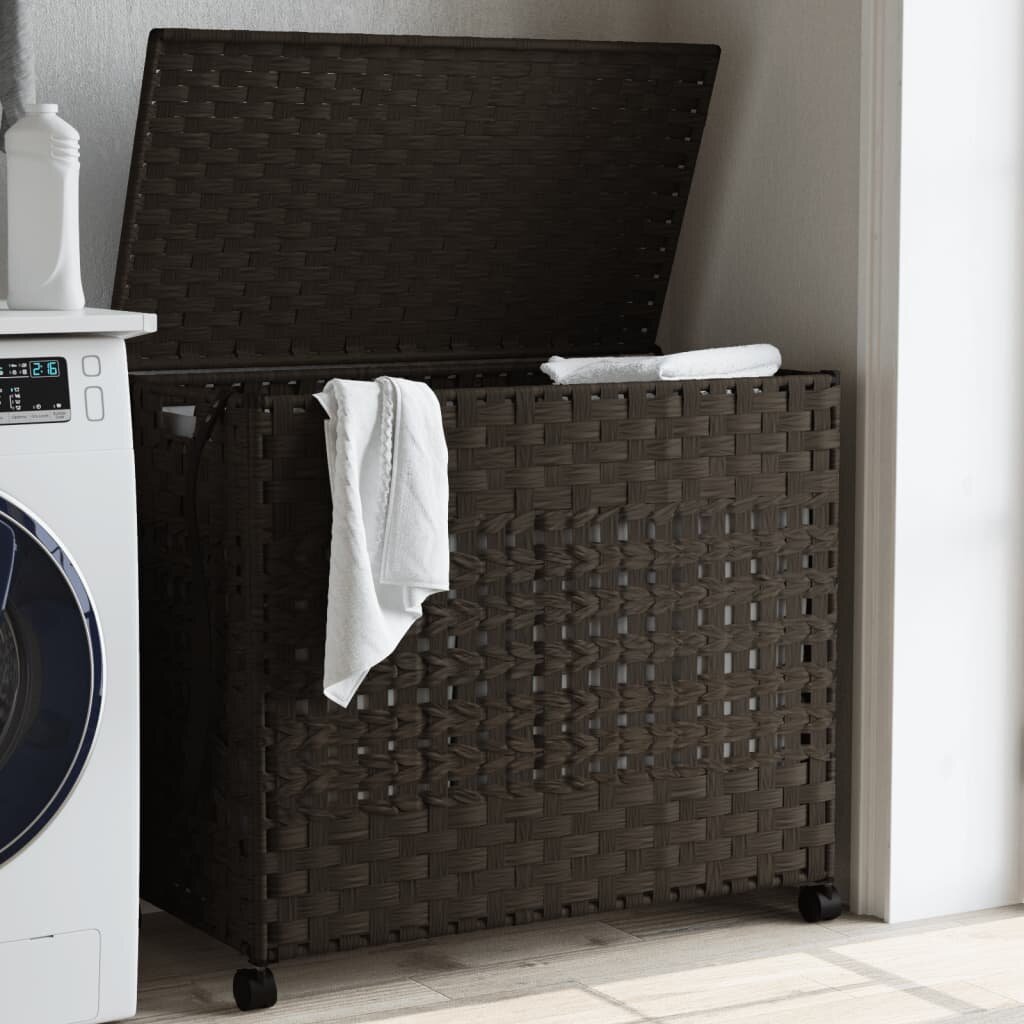 vidaXL Кош за пране с колела тъмнокафяв 66x35x60 см ратан