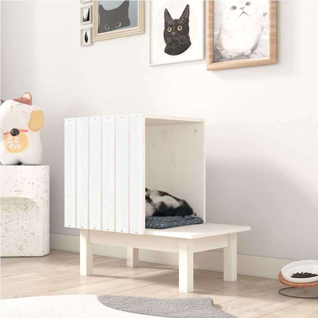 vidaXL Котешка къща бяло 60x36x60 см масивно дърво бор