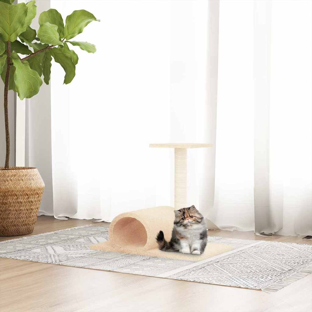 vidaXL Котешки стълб за драскане с тунел кремав 60x345x50 см