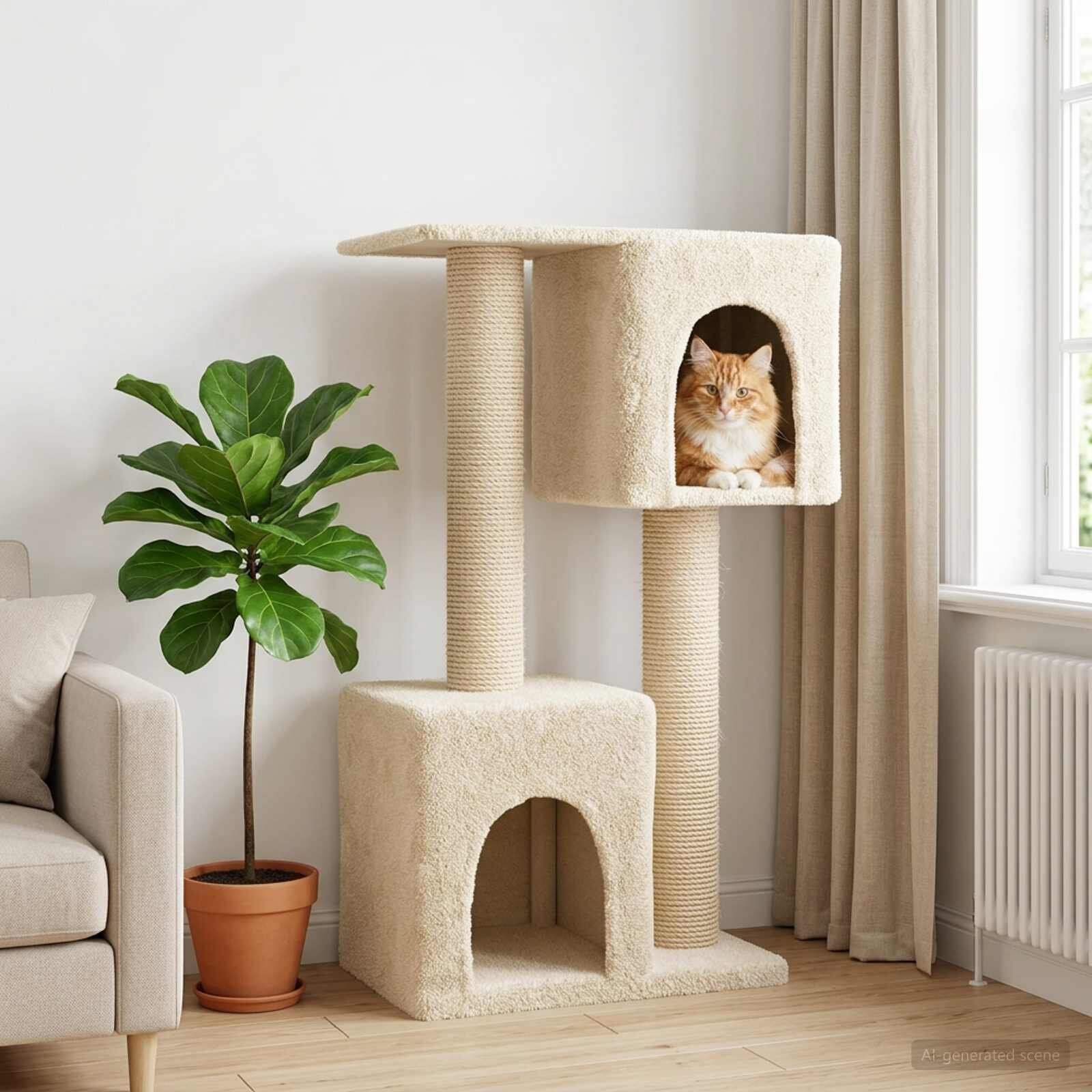 vidaXL Котешко дърво с юта за драскане Кремаво 114 cm