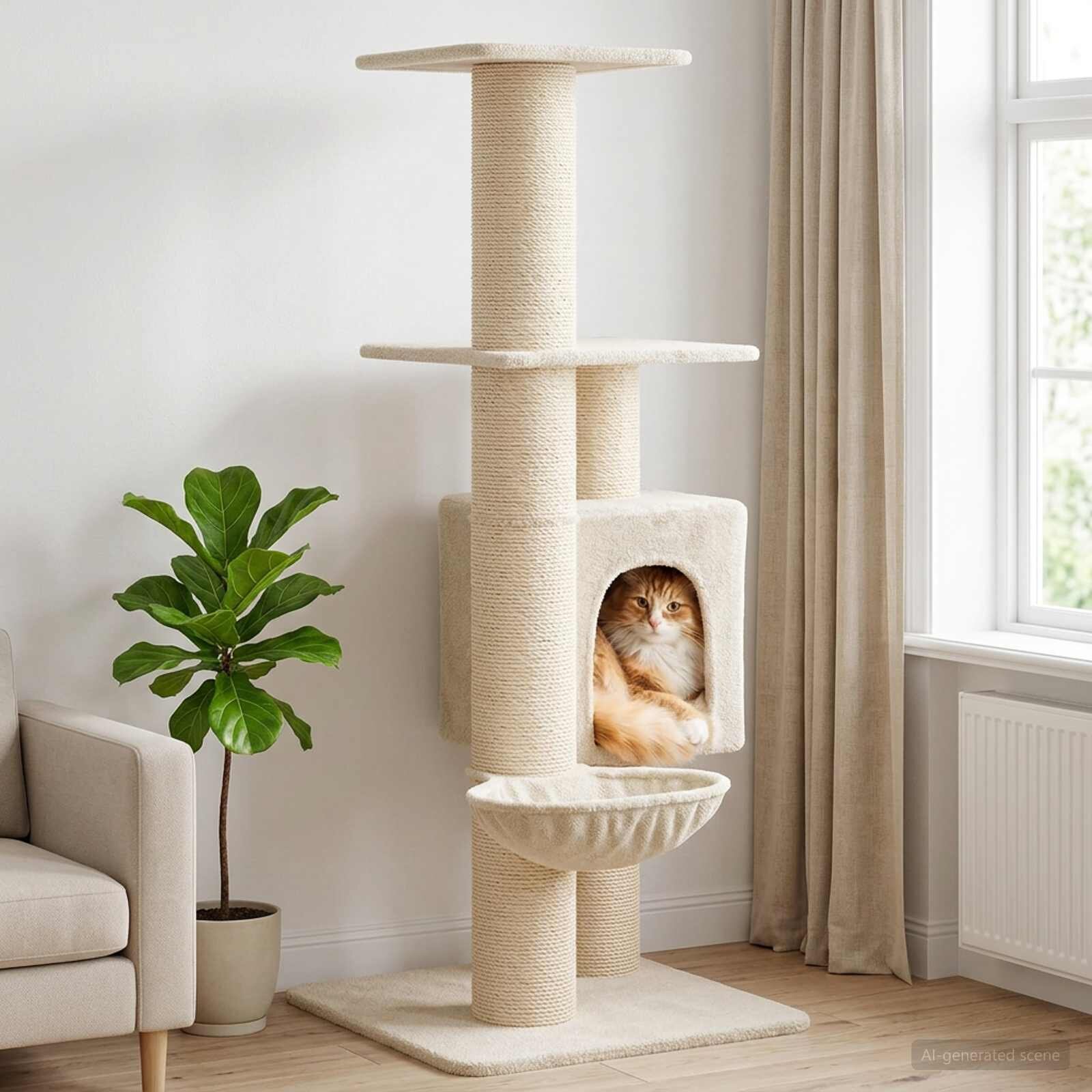 vidaXL Котешко дърво с юта за драскане Кремаво 137 cm