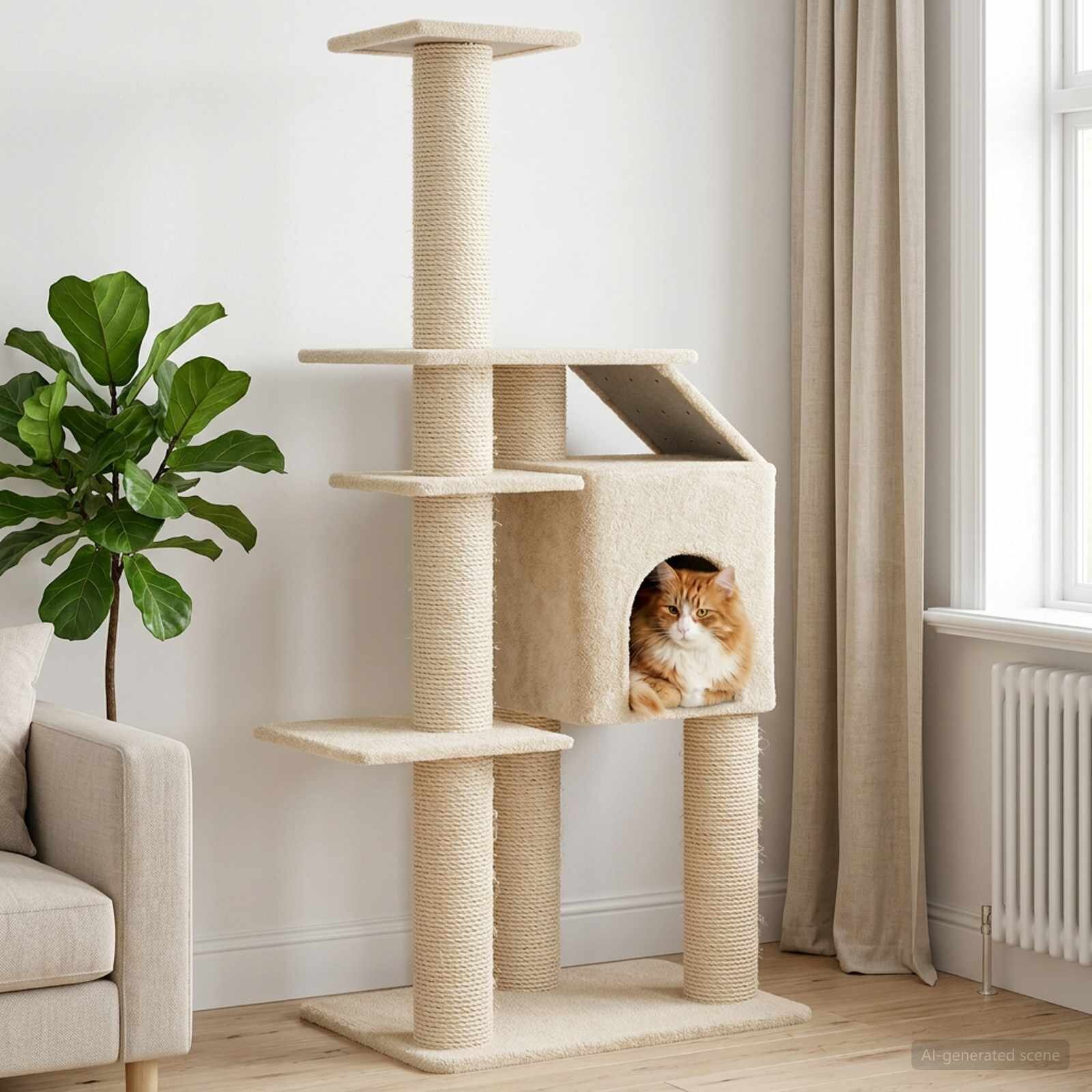 vidaXL Котешко дърво с юта за драскане Кремаво 183 cm
