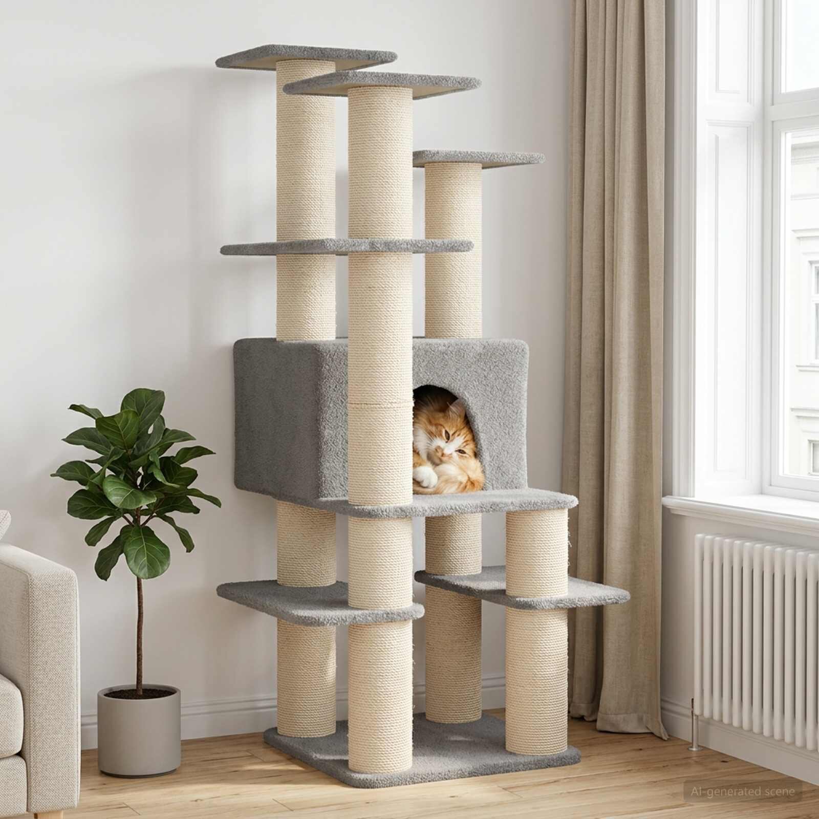 vidaXL Котешко дърво с юта за драскане Светлосиво 161 cm