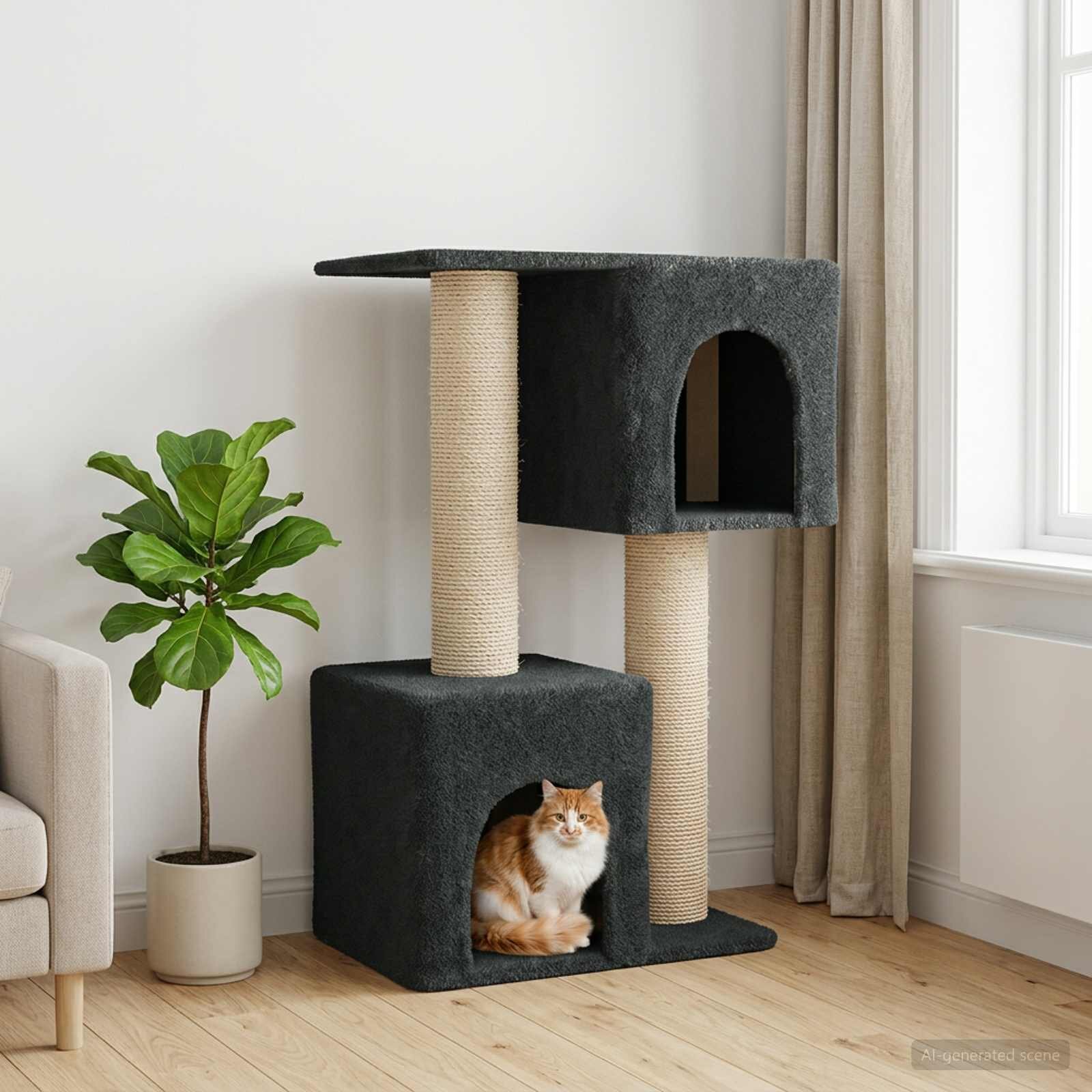 vidaXL Котешко дърво с юта за драскане Тъмносиво 114 cm
