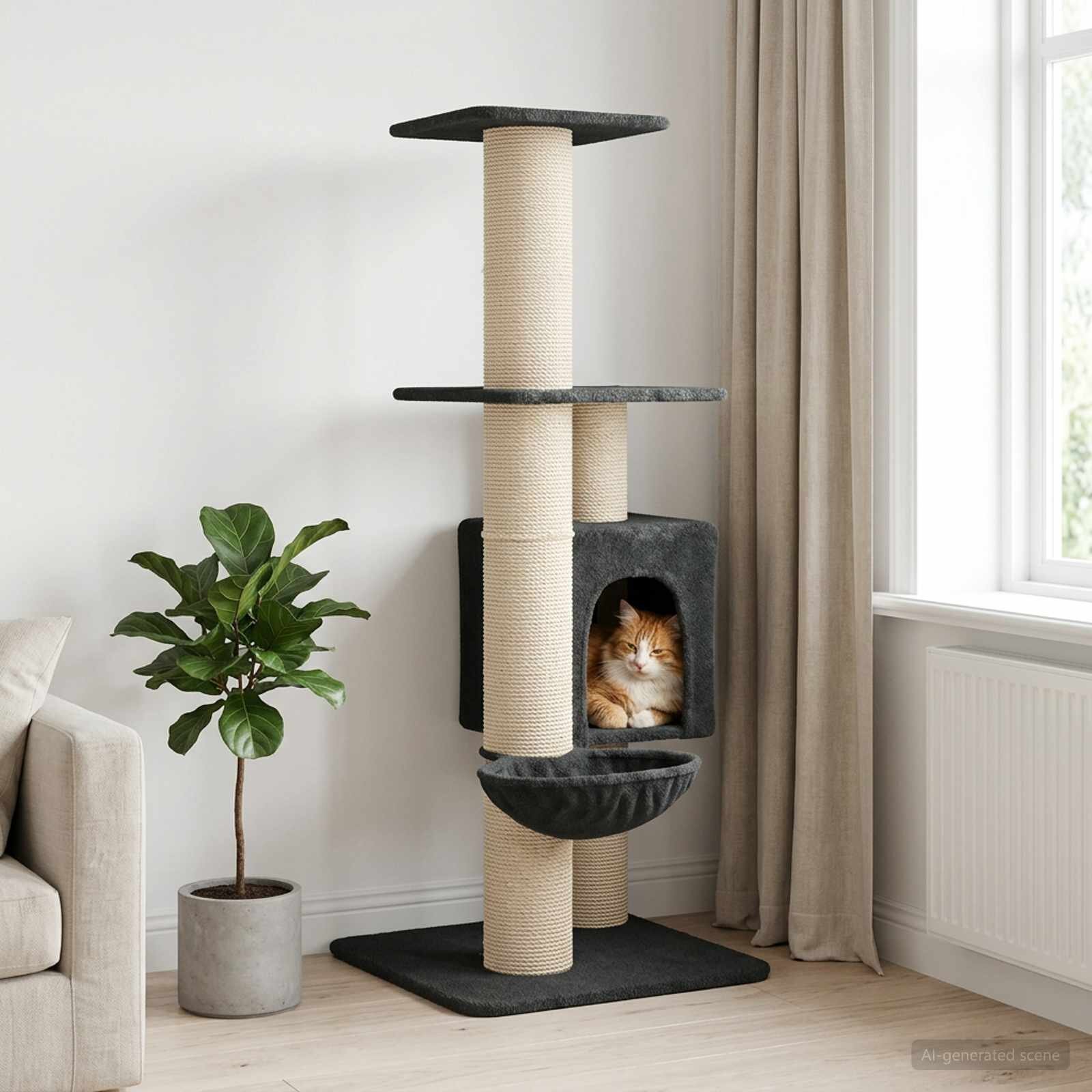 vidaXL Котешко дърво с юта за драскане Тъмносиво 137 cm