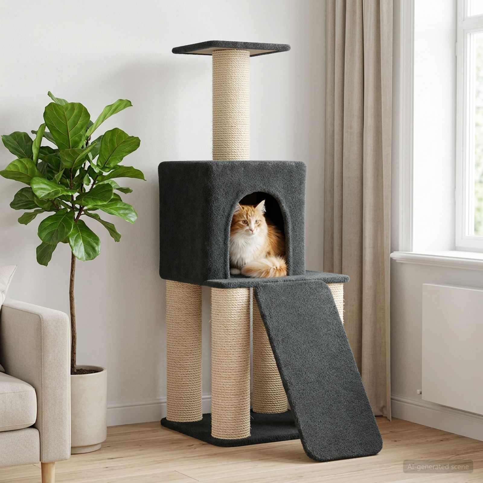 vidaXL Котешко дърво с юта за драскане Тъмносиво 146 cm