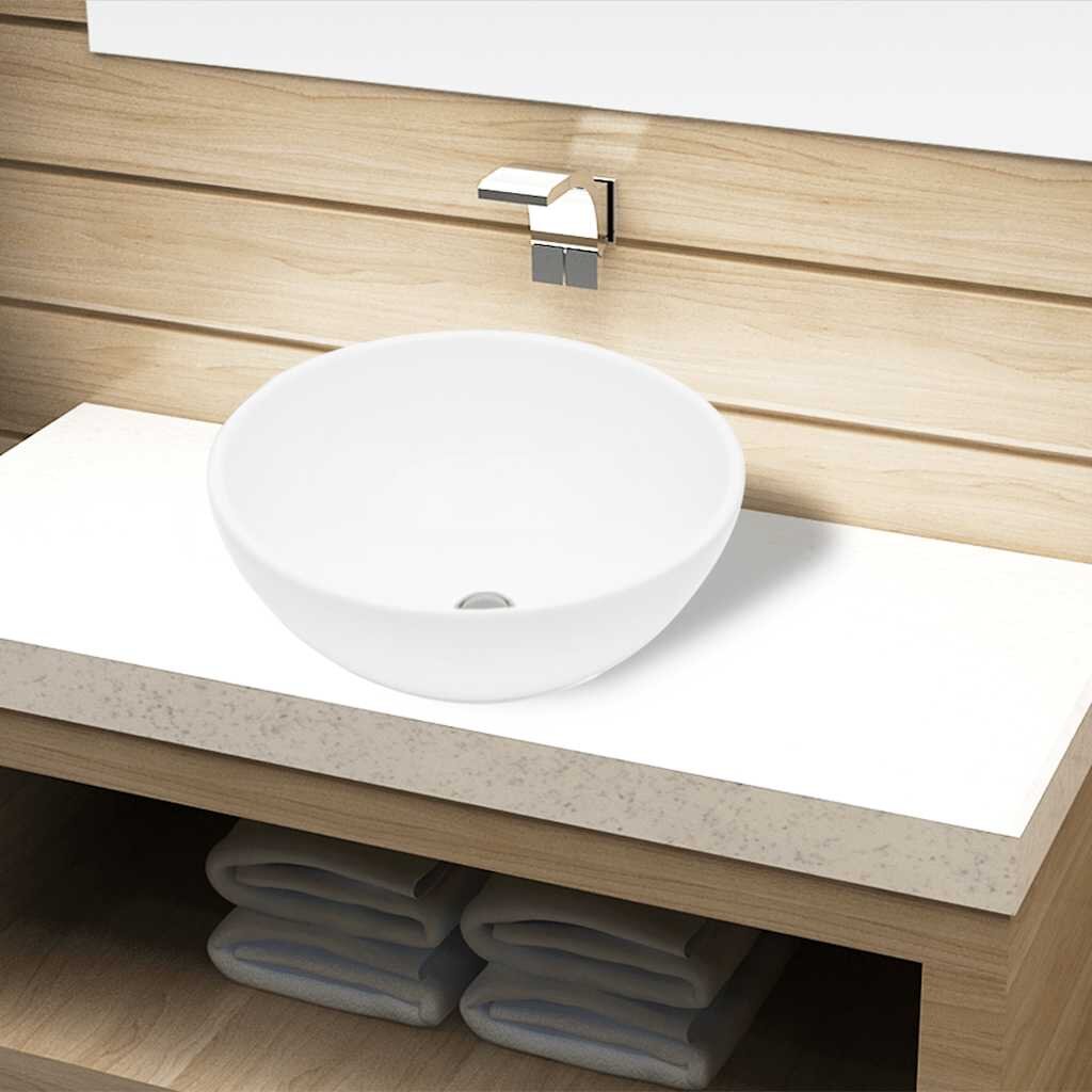 vidaXL Кръгла керамична бяла мивка с корито