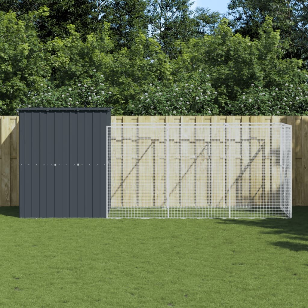 vidaXL Кучешка къща с волиера антрацит 165x455x181 см стомана