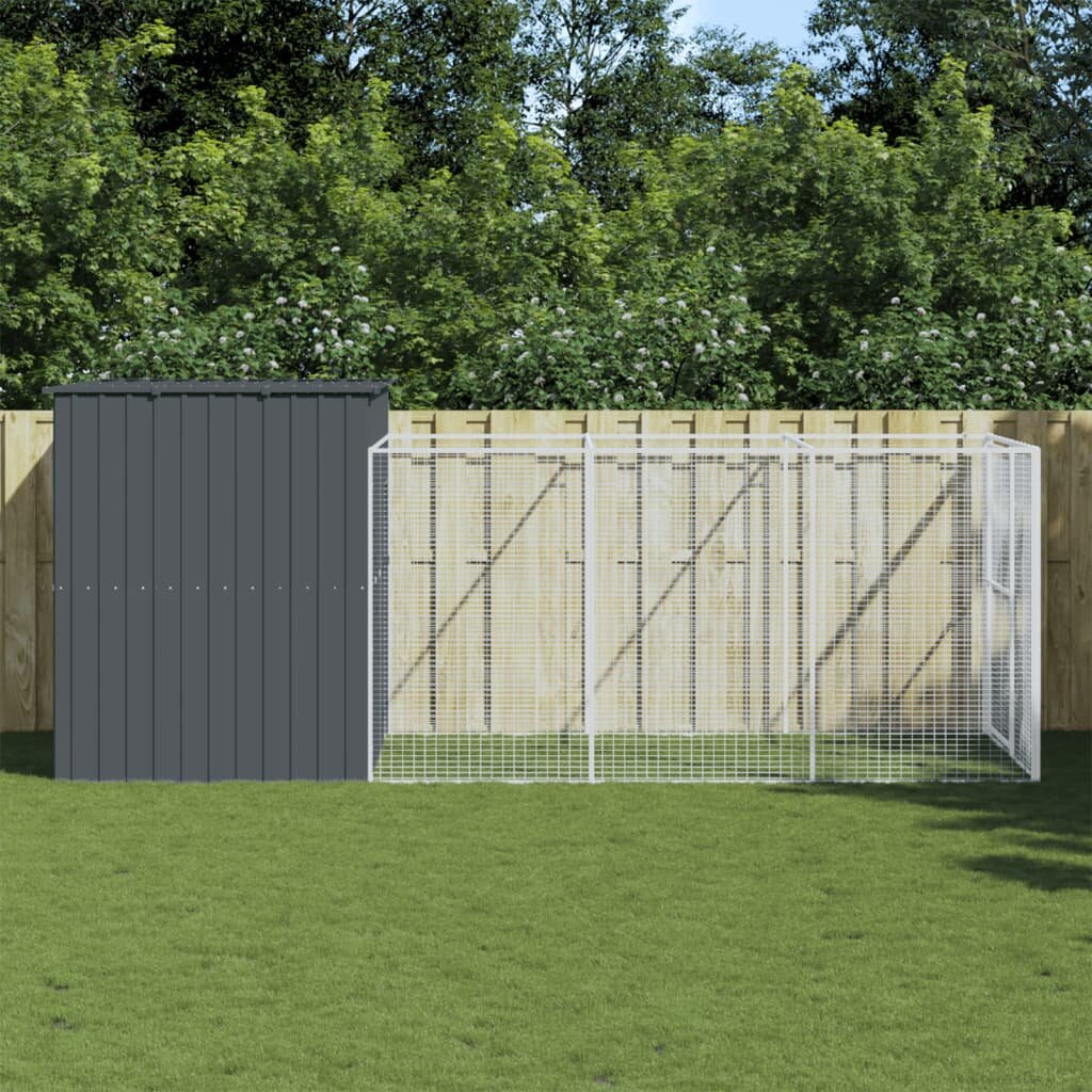 vidaXL Кучешка къща с волиера антрацит 214x457x181 см стомана