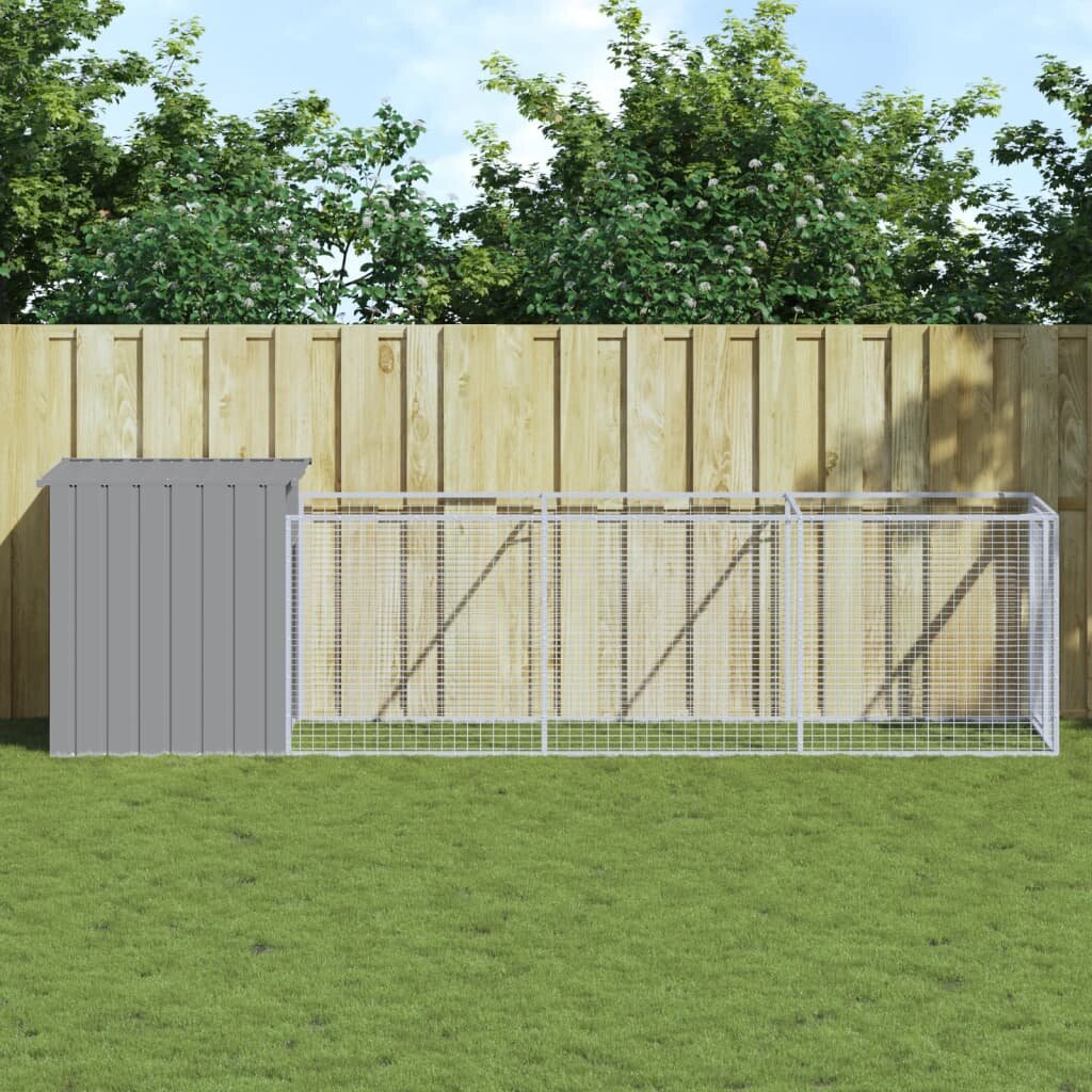 vidaXL Кучешка къща с волиера светлосива 110x405x110 см стомана